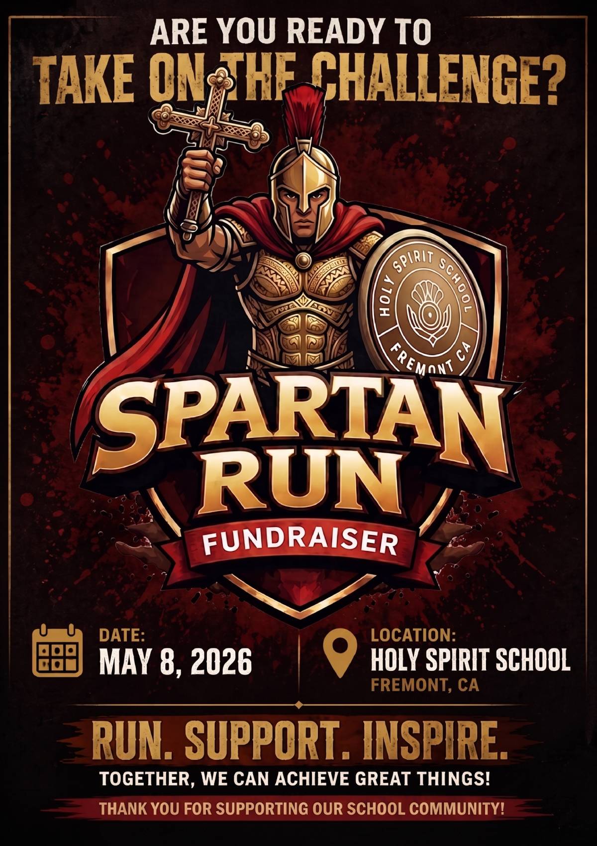 Holy Spirit School Spartan Run 2026 Fundraiser poster featuring a Spartan warrior and obstacle course event details in Fremont, CA.