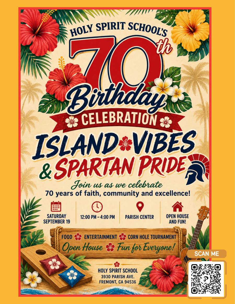 Holy Spirit School 70th Anniversary Island Vibes and Spartan Pride community celebration and open house event poster
