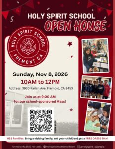 Holy Spirit School Open House invitation postcard for Sunday, November 8, 2026, 10:00 AM to 12:00 PM at 3930 Parish Ave, Fremont, CA, featuring the Spartan logo and Catholic elementary middle school admissions details.