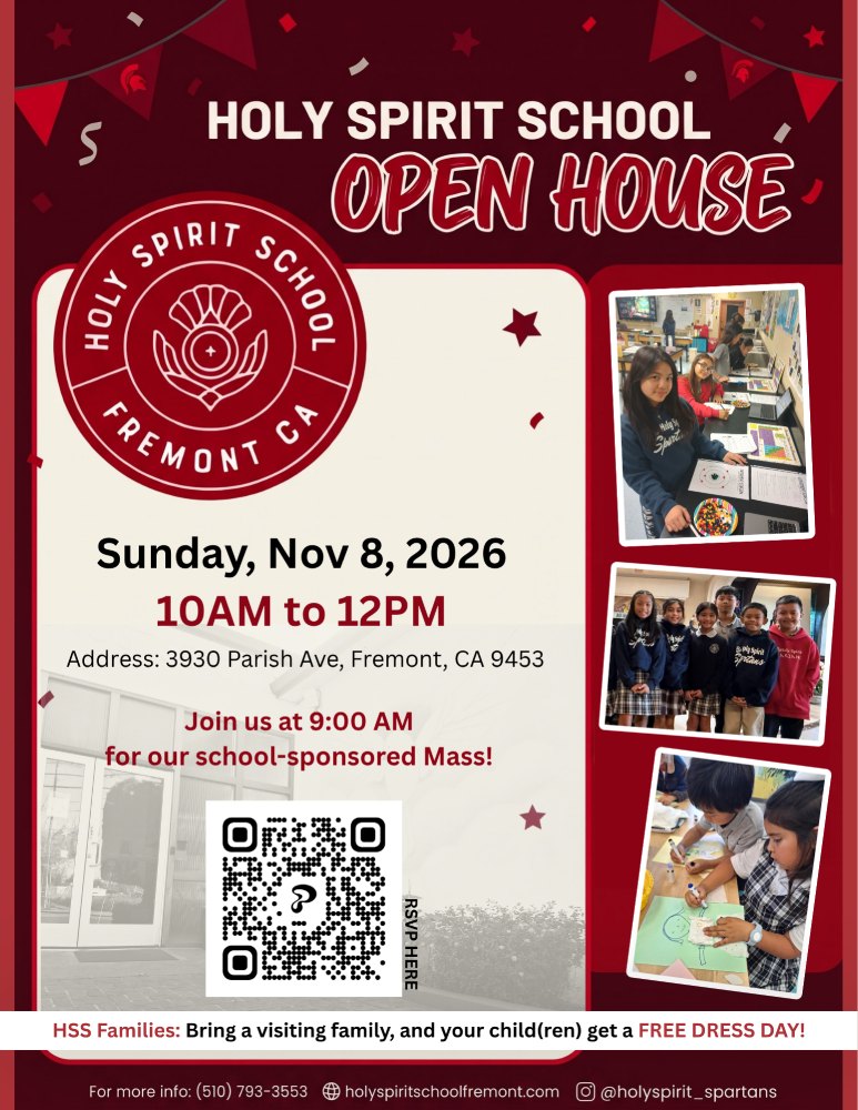 Holy Spirit School Open House invitation postcard for Sunday, November 8, 2026, 10:00 AM to 12:00 PM at 3930 Parish Ave, Fremont, CA, featuring the Spartan logo and Catholic elementary middle school admissions details.